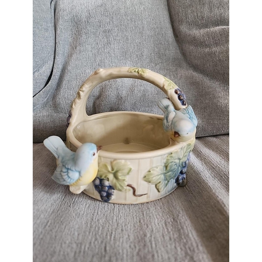 Vintage Takahashi San Francisco 3-D Blue Birds Sculptured Basket Japan Bisque